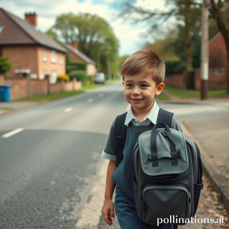 A boy going to school on old road